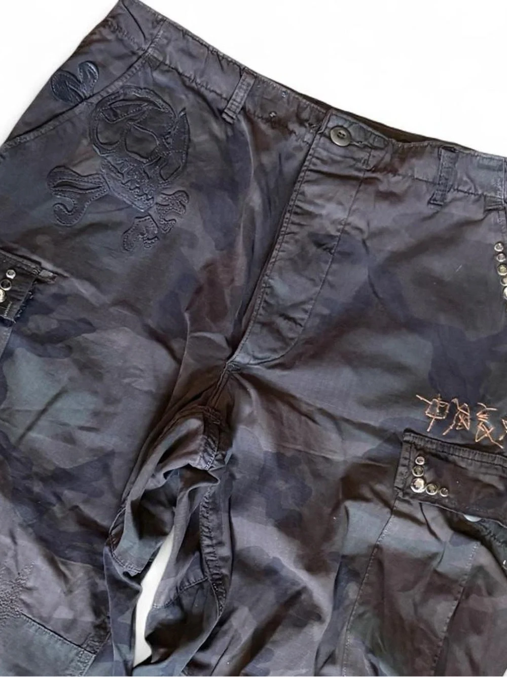 Y2K Vintage The Great China Wall Camo Cargo Pants Crystal Leather Detailing